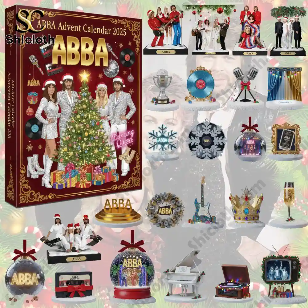 A collection of ABBA-themed ornaments displayed with the ABBA Advent Calendar 2025 box!