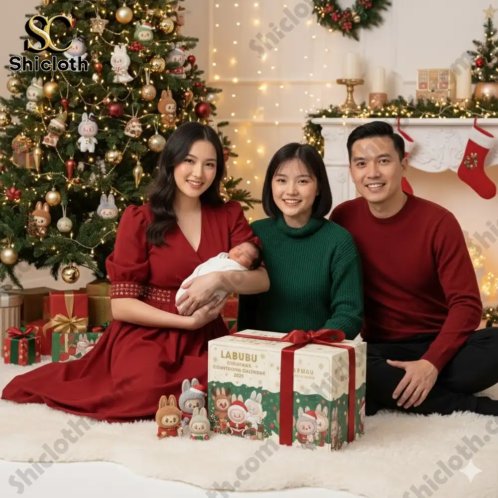 A family sits by a Christmas tree with the 2025 Labubu Christmas Countdown Calendar box and small character figures displayed in front.