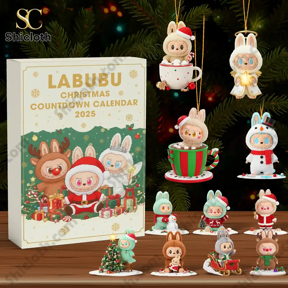 The 2025 Labubu Christmas Countdown Calendar displayed with cute festive character ornaments in front of a Christmas tree.