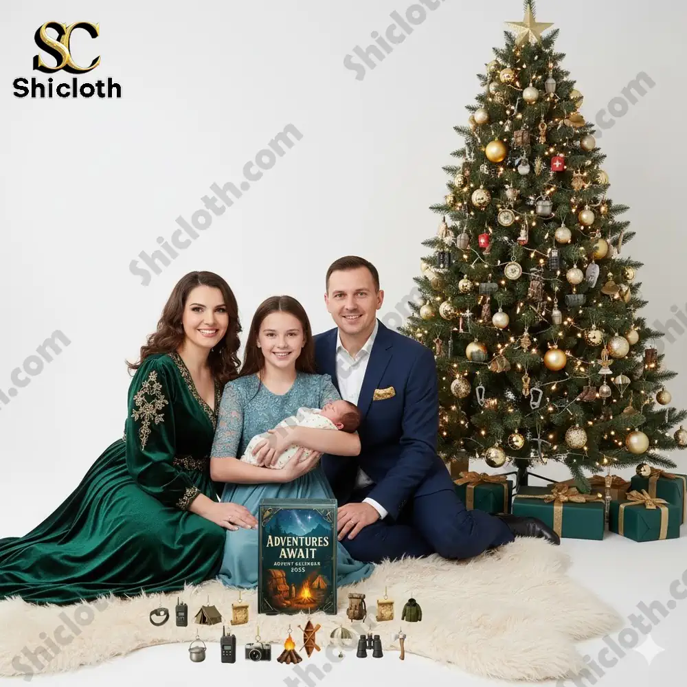 A family sitting beside a Christmas tree with the Adventures Await Advent Calendar 2025 from Shicloth.