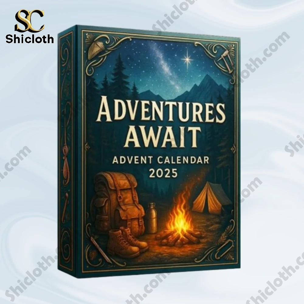 The Adventures Await Advent Calendar 2025 box from Shicloth featuring a campfire and mountain scene.