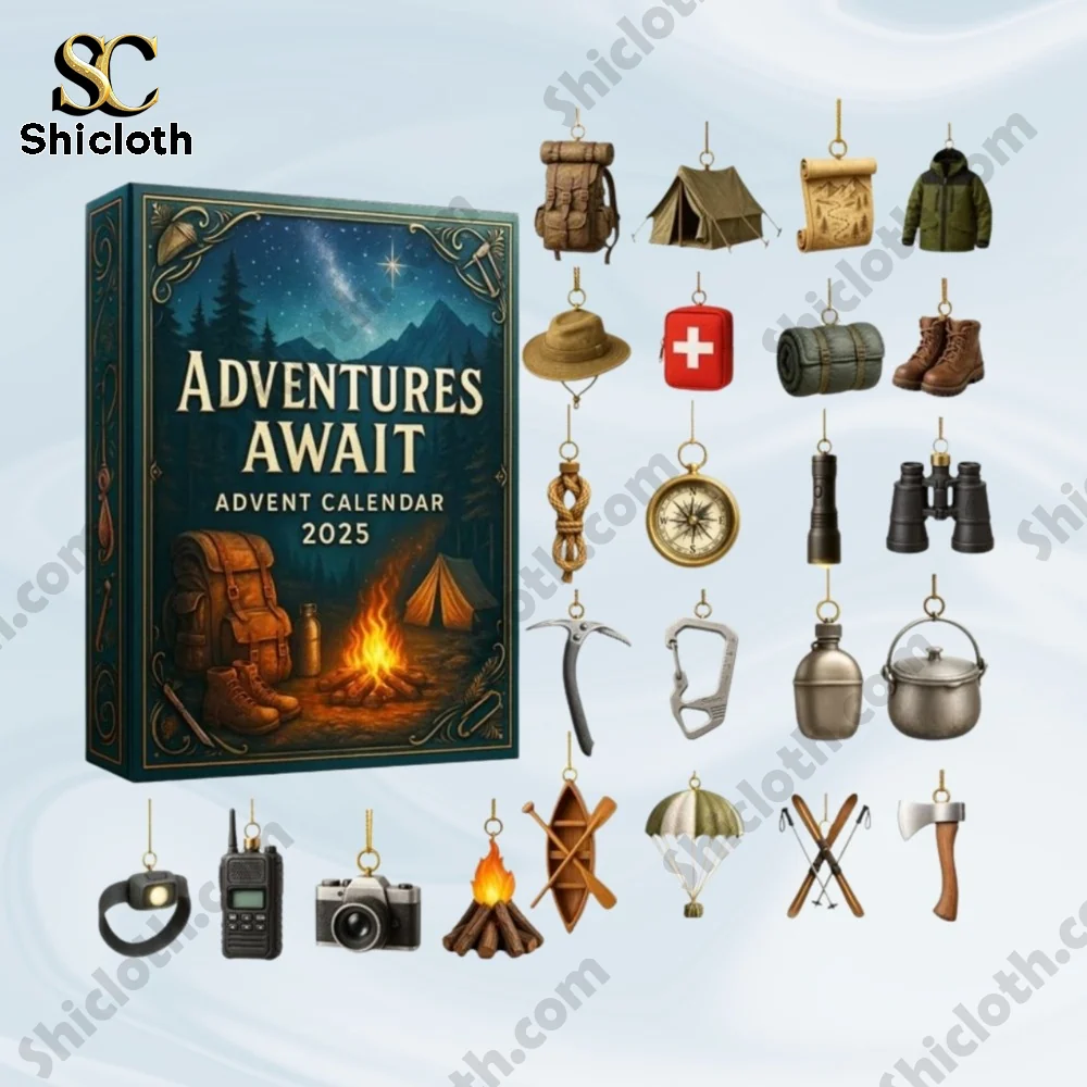 Adventures Await Camping And Hiking Advent Calendar 2025 3 Adventures Await Advent Calendar 2025 from Shicloth with miniature camping gear ornaments.