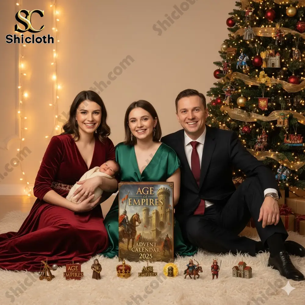 A family poses beside a Christmas tree with the Age Of Empires 2025 Advent Calendar.
