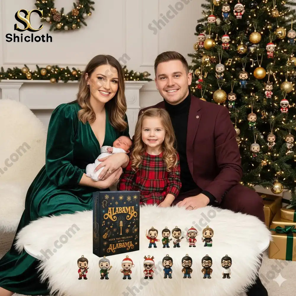 Family sitting by Christmas tree with Alabama Rock The Holidays advent calendar and miniature figures.