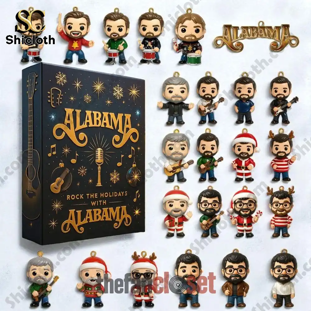 Advent calendar box with multiple Alabama themed holiday miniature figures arranged around it.