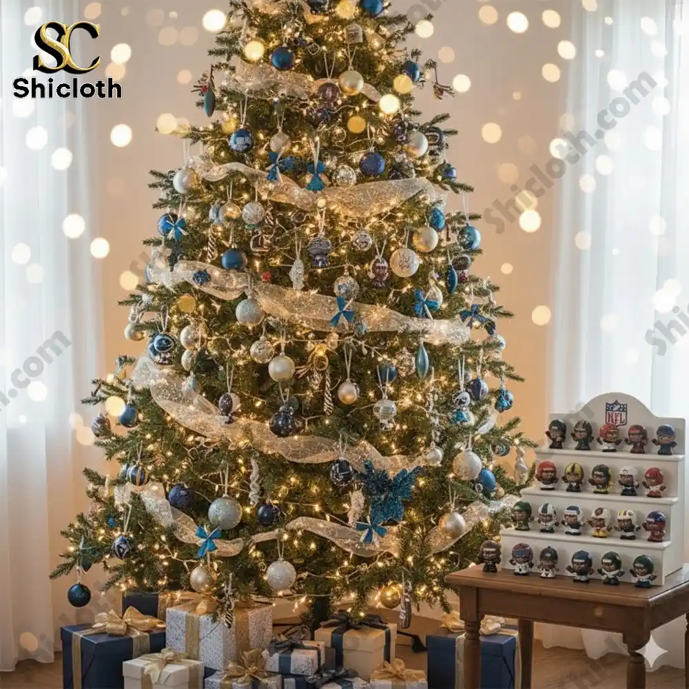 All Teams NFL Advent Calendar 2025 1 Christmas tree decorated with blue and gold ornaments with an NFL mini figure display beside it.
