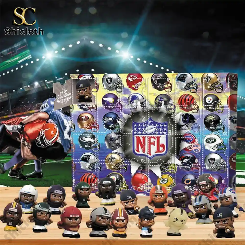 All Teams NFL Advent Calendar 2025 2 NFL Advent Calendar featuring all team helmets and mini player figures on display.