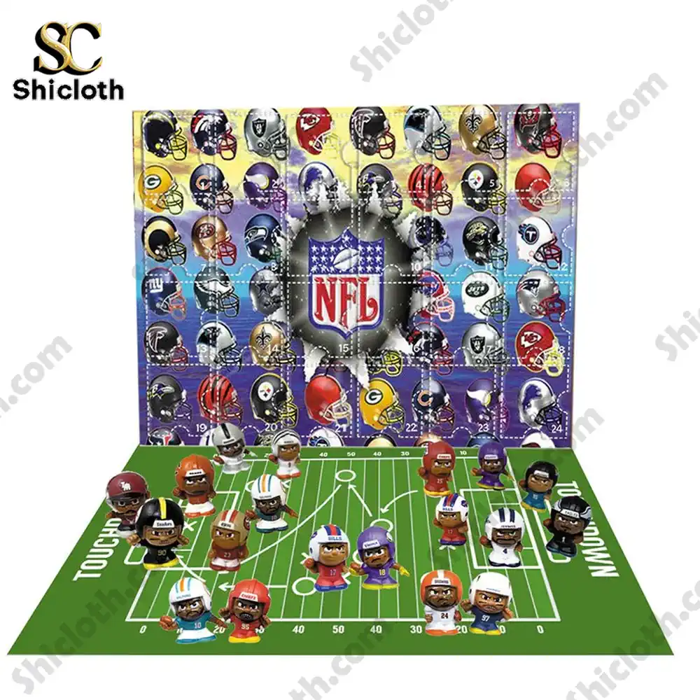 All Teams NFL Advent Calendar 2025 4 Close-up of NFL Advent Calendar with team helmets and mini player figures.