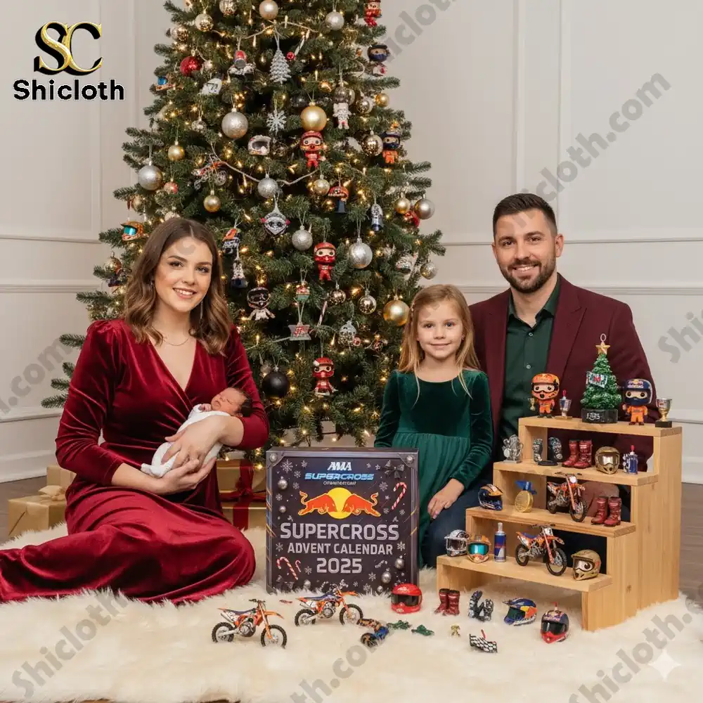 A smiling family poses beside a Christmas tree and the 2025 AMA Supercross Advent Calendar box.