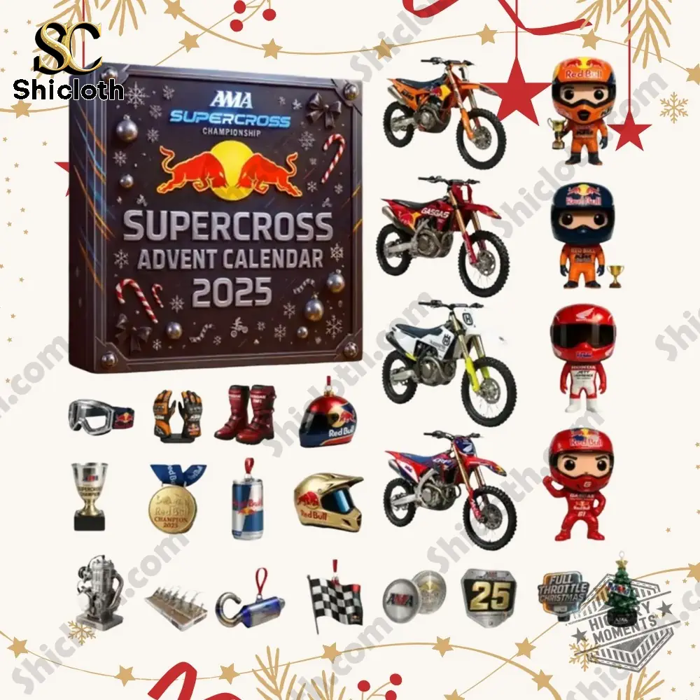 The 2025 AMA Supercross Advent Calendar set includes mini bikes, rider figures, helmets, and racing collectibles.
