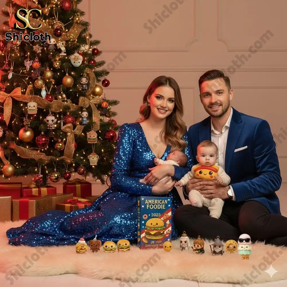 A family sitting near a Christmas tree with American Foodie Advent Calendar 2025 and small food themed toys displayed in front.