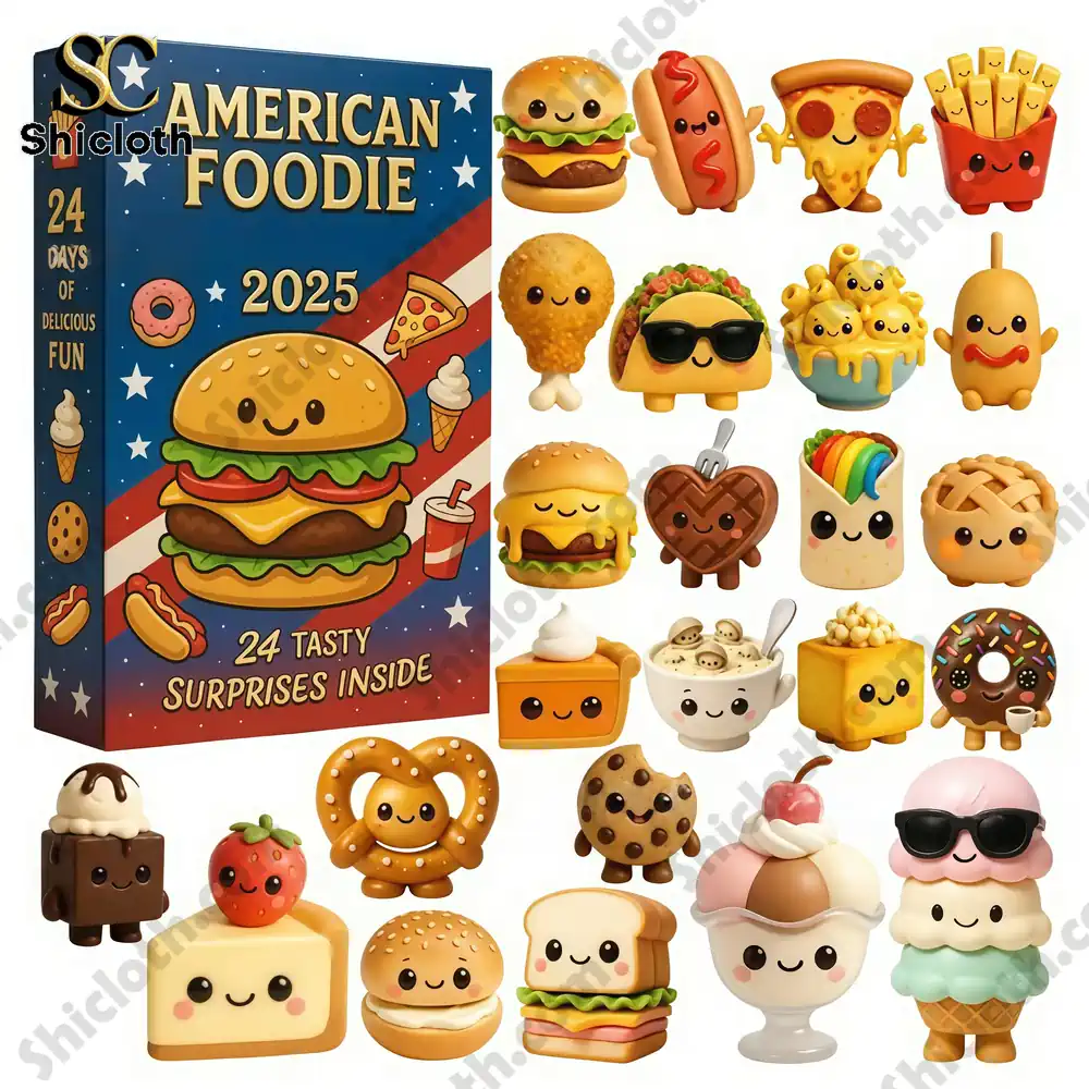 A display of American Foodie Advent Calendar 2025 box with twenty four cute food themed collectible figures.