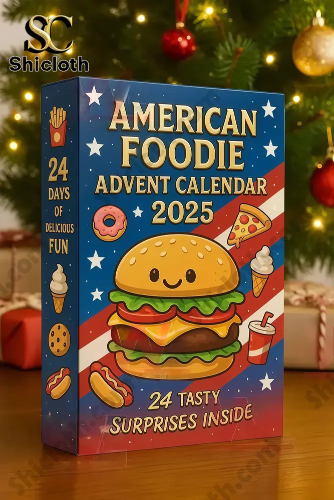 American Foodie Advent Calendar 2025 3 Close up of the American Foodie Advent Calendar 2025 box beside a Christmas tree with ornaments.