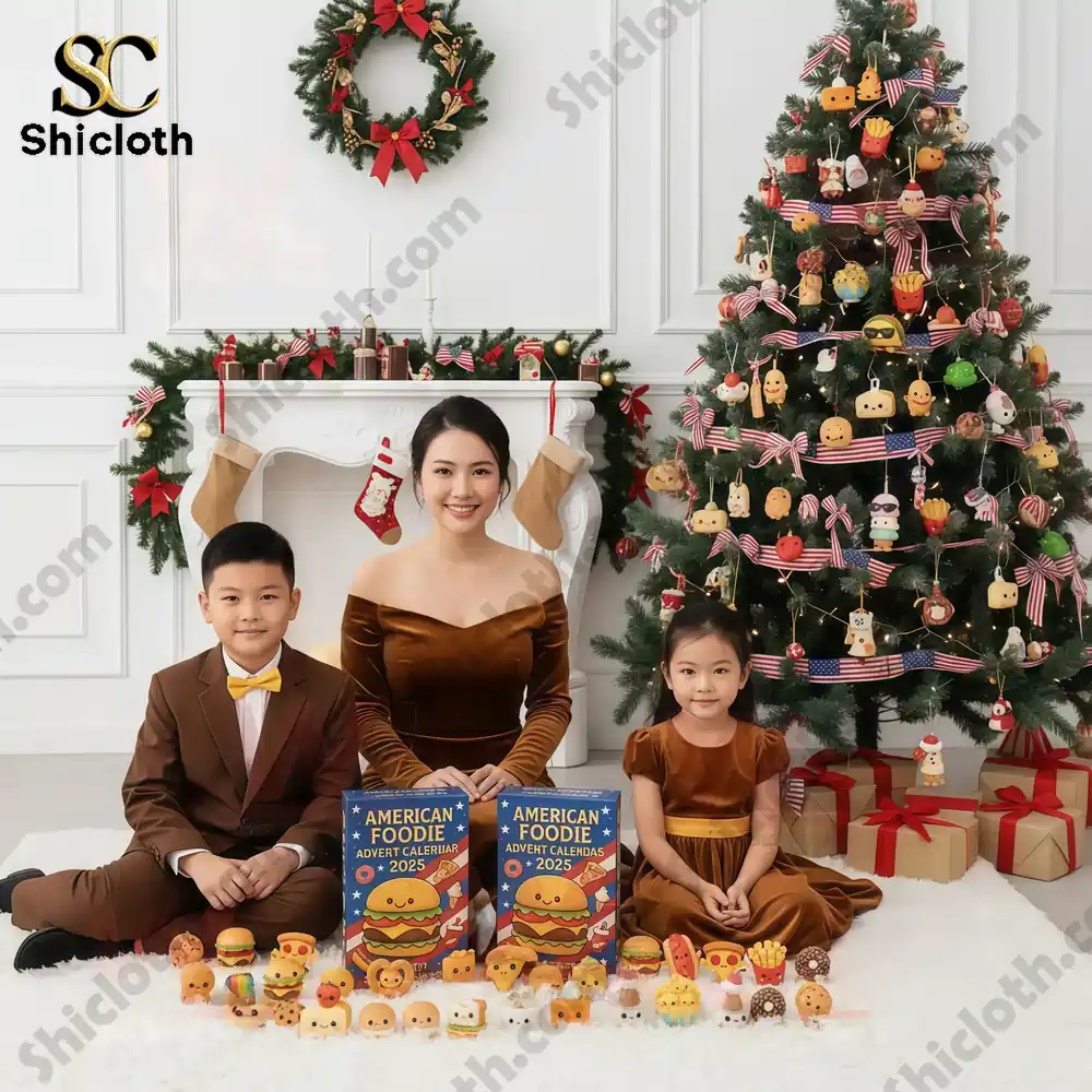 American Foodie Advent Calendar 2025 4 A mother with two children sitting near a Christmas tree decorated with food themed ornaments and American Foodie Advent Calendar 2025 boxes.