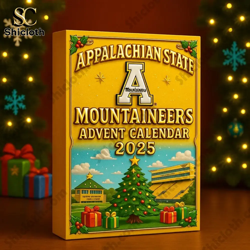 A close up of the Appalachian State Mountaineers Advent Calendar 2025 box with festive Christmas decorations in the background.