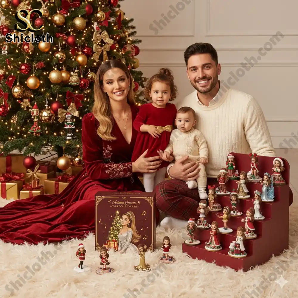 A family poses by a Christmas tree with the Shicloth Ariana Grande advent calendar set and collectible holiday figurines.