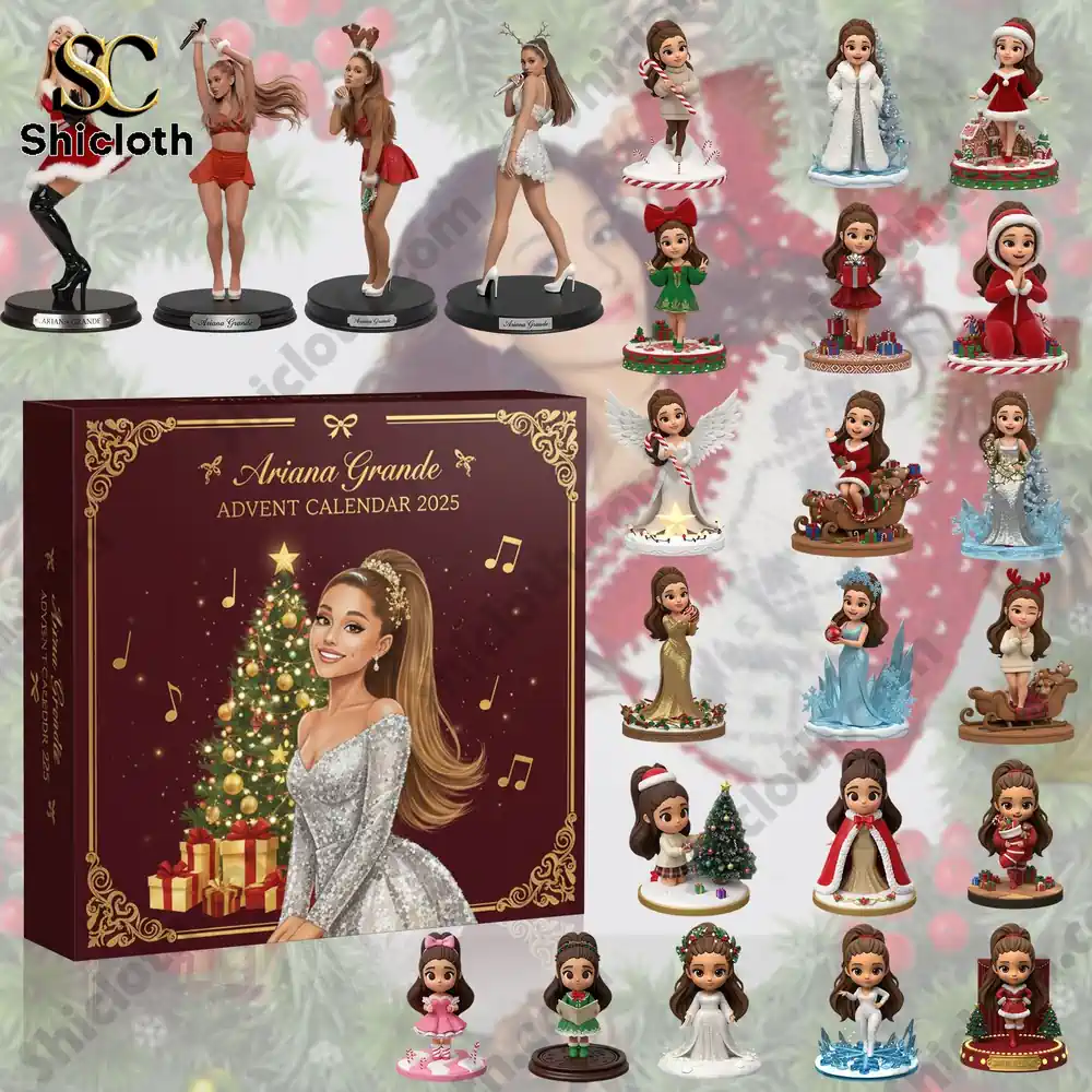 The Shicloth Ariana Grande advent calendar 2025 with detailed collectible holiday figurines displayed.