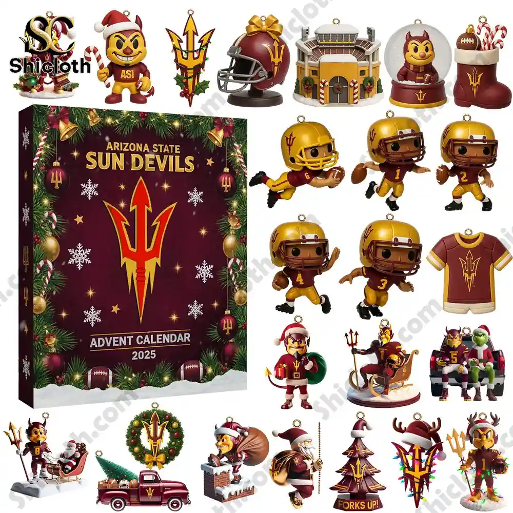 A full display of Arizona State Sun Devils 2025 Advent Calendar ornaments and the decorated gift box.