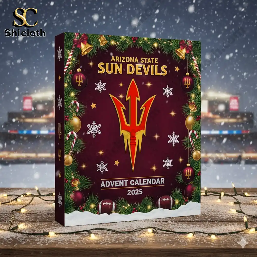 Premium Arizona State Sun Devils Advent Calendar 2025 4 Arizona State Sun Devils 2025 Advent Calendar box displayed on a wooden table with festive lights and snow.