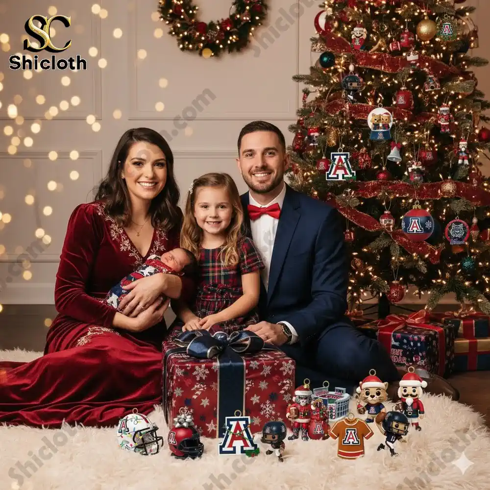 A family sits in front of a Christmas tree decorated with Arizona Wildcats ornaments and gifts.