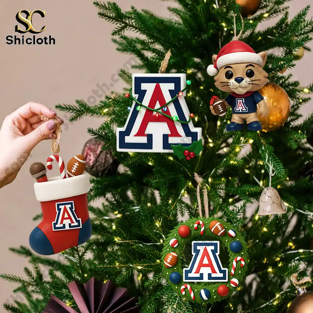 Arizona Wildcats Advent Calendar 2025 4 Arizona Wildcats Christmas tree ornaments hanging on a decorated tree!