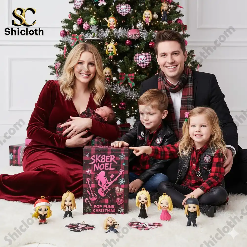 Family with children celebrating Christmas next to a decorated tree and SK8ER NOEL Pop Punk Christmas box.