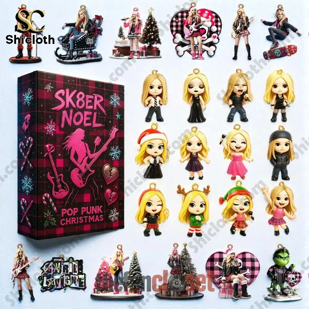 Collection of figurines and ornaments from the SK8ER NOEL Pop Punk Christmas box.