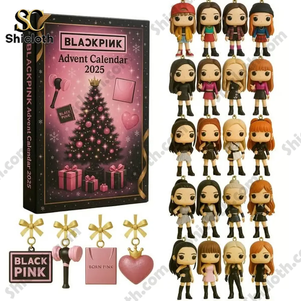 Display of BLACKPINK Advent Calendar 2025 showing mini figures and themed accessories arranged beside the box.
