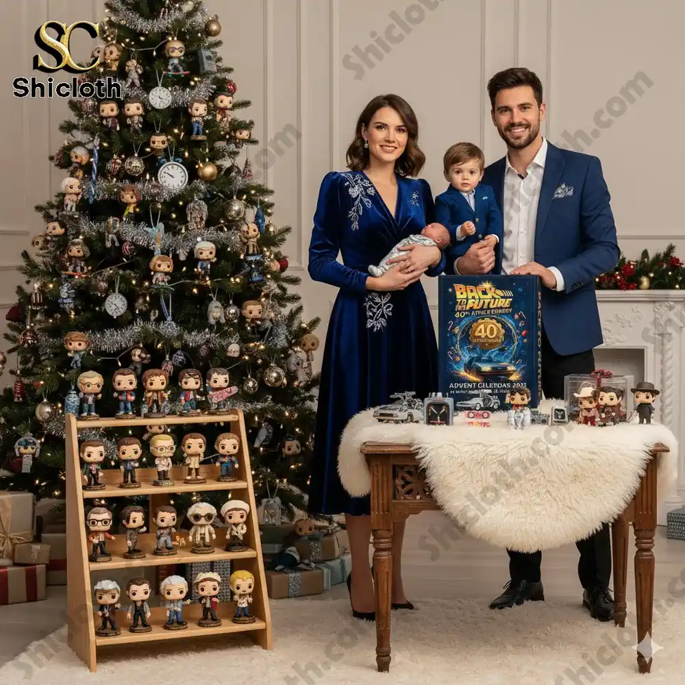 A family in blue outfits stands beside a Christmas tree decorated with Back to the Future themed figures and a 2025 Advent Calendar box.