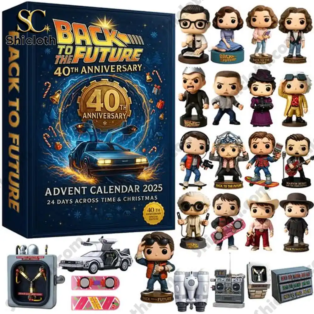 A Back to the Future 40th Anniversary 2025 Advent Calendar box surrounded by miniature movie characters and themed accessories.