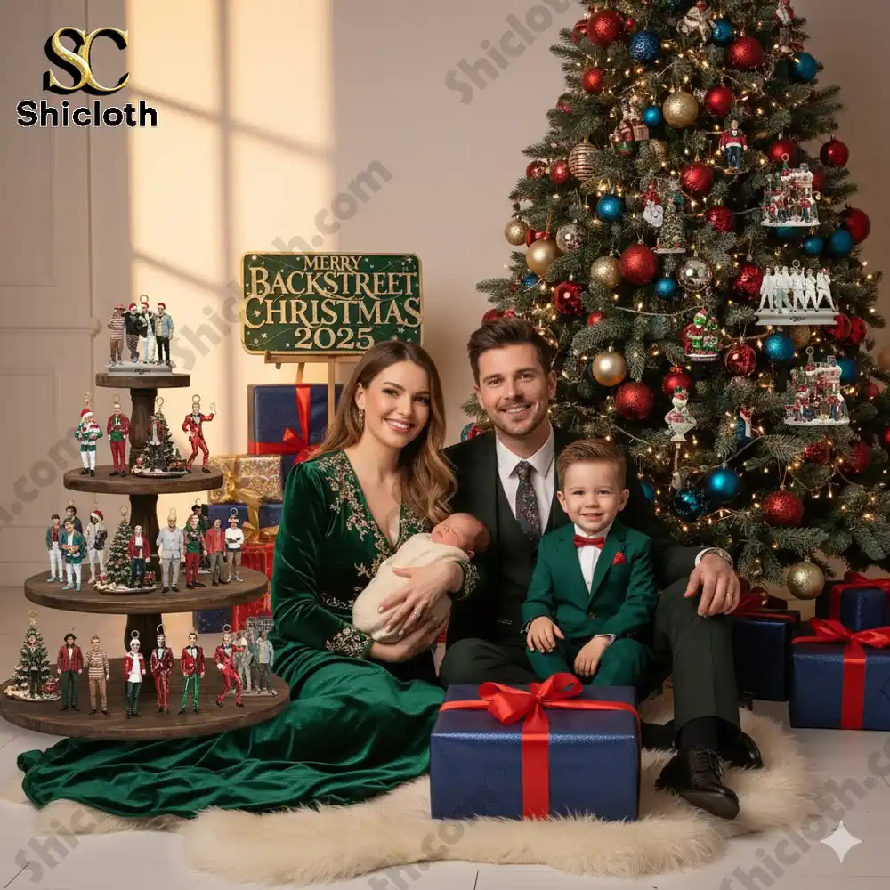 A family poses by a Christmas tree with the Backstreet Boys Advent Calendar 2025 from Shicloth displayed beside them!
