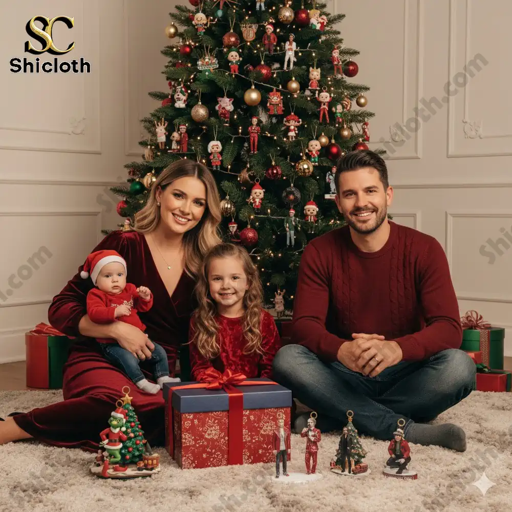Family sitting by a Christmas tree with Backstreet Boys figurines and gifts.