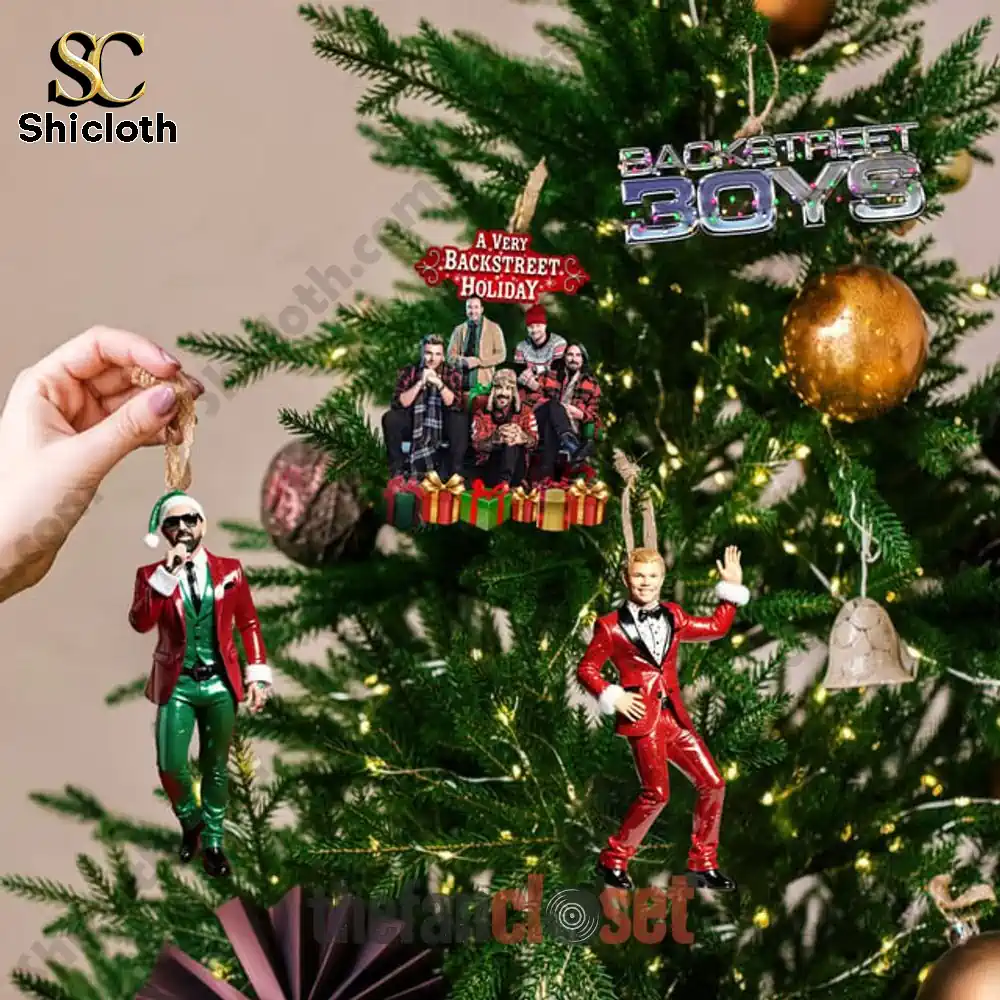 Backstreet Boys Christmas 2025 Advent Calendar 3 Backstreet Boys themed ornaments hanging on a Christmas tree.
