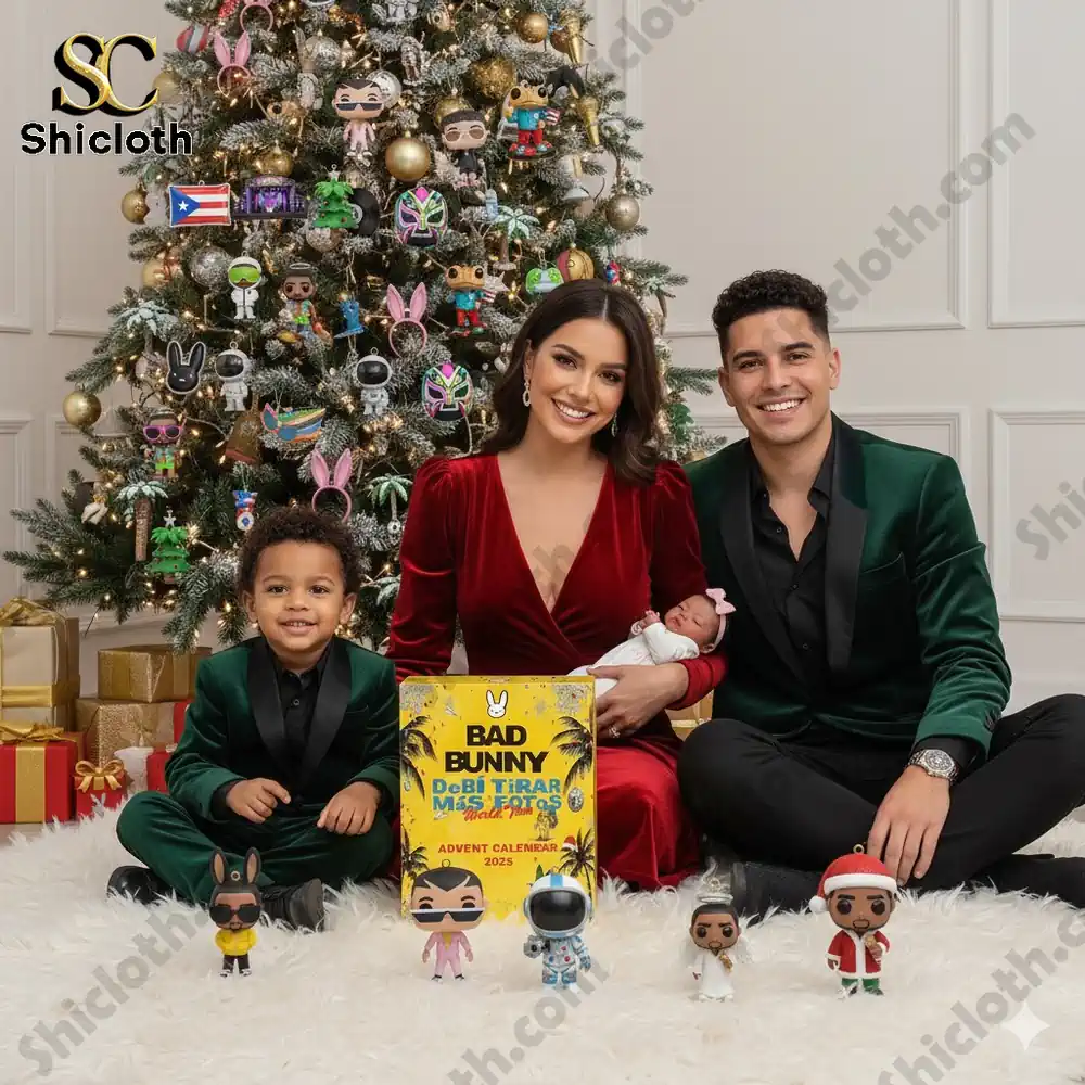 Family sitting in front of a Christmas tree with a Bad Bunny 2025 advent calendar box.