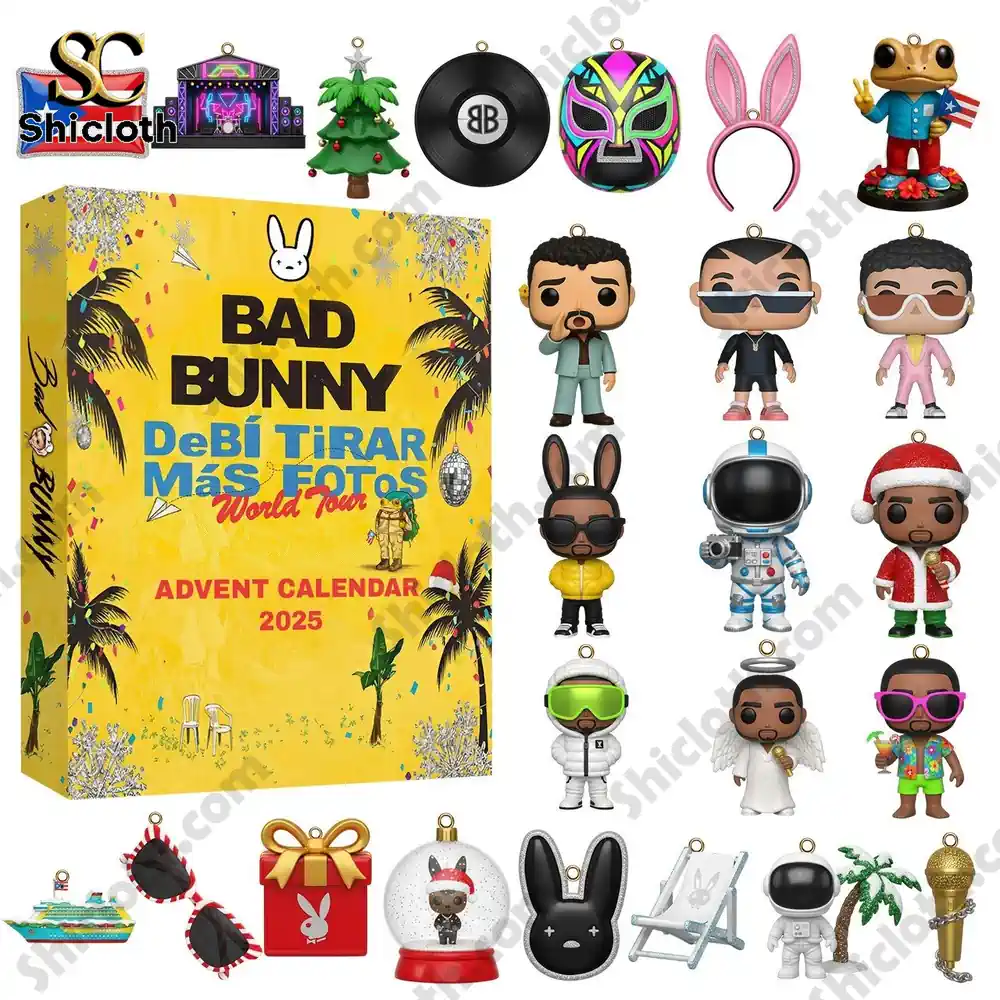 Bad Bunny 2025 advent calendar box with figures and ornaments displayed.