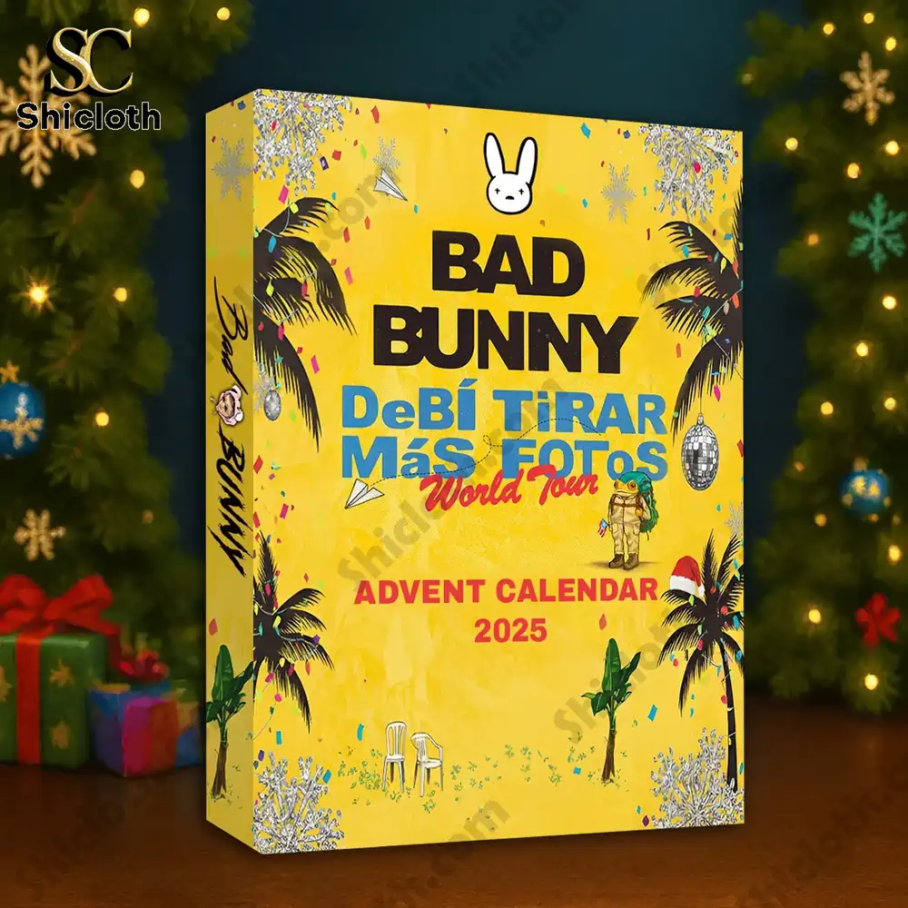 Bad Bunny Advend Calendar 2025 3 Bad Bunny 2025 advent calendar box placed near a decorated Christmas tree.