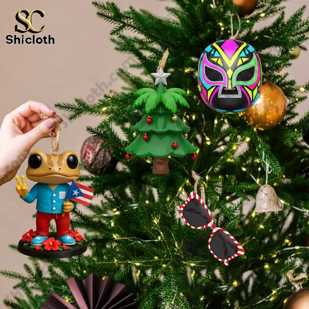 Bad Bunny Advend Calendar 2025 4 Hand hanging Bad Bunny 2025 advent calendar ornaments on a Christmas tree.