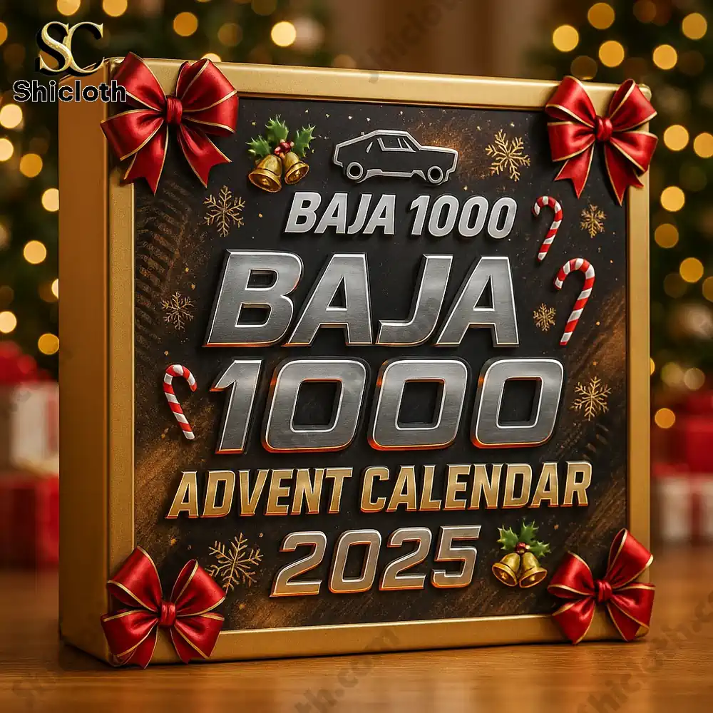 Close up of the Shicloth Baja 1000 Advent Calendar 2025 box decorated with red bows and festive symbols!