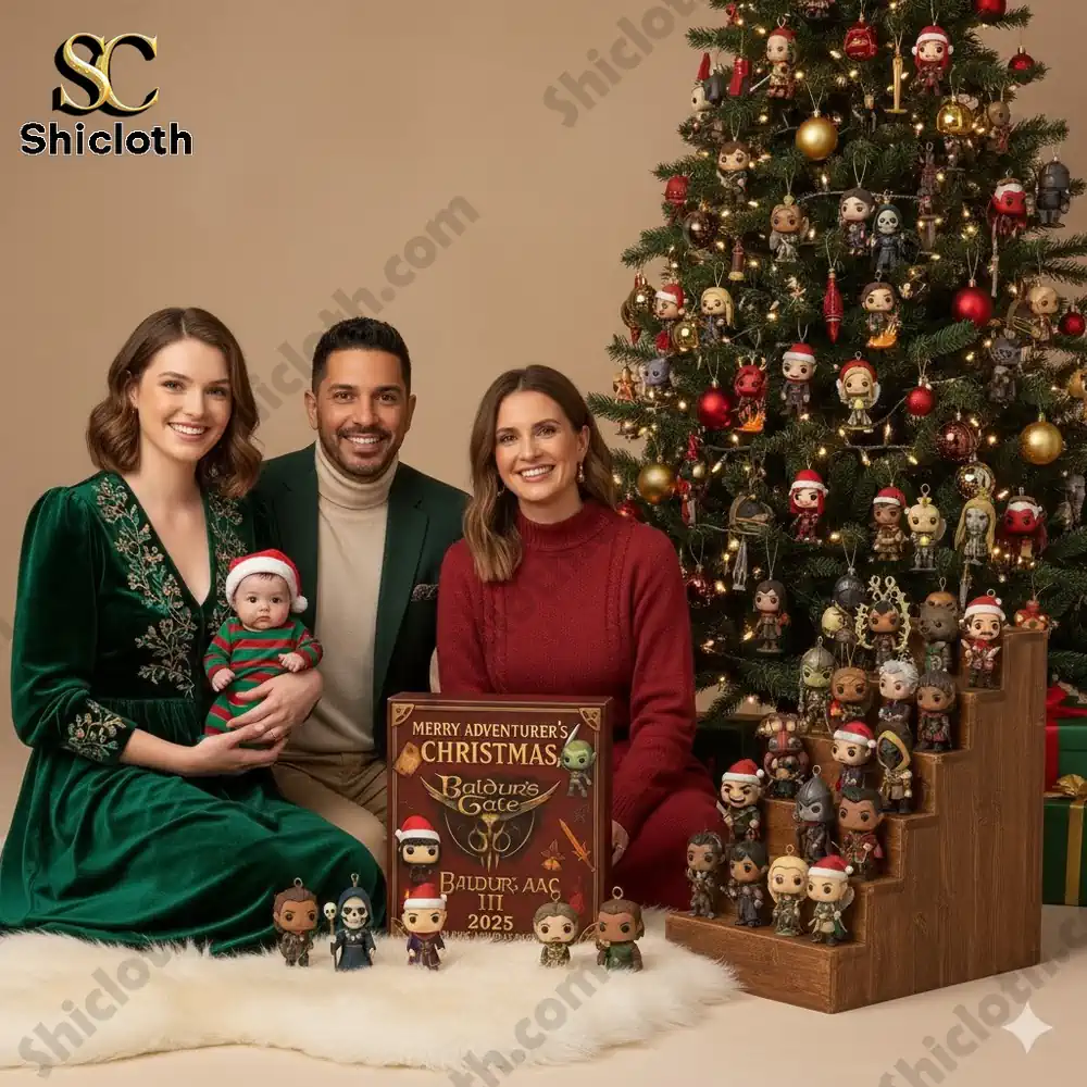 A family sitting beside a Christmas tree decorated with Baldurs Gate themed mini figures and holding the Baldurs Gate Advent Calendar 2025 box!