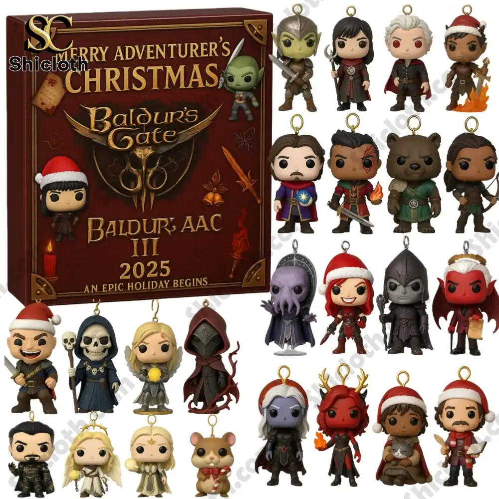 A display of miniature Baldurs Gate characters from the 2025 Advent Calendar by Shicloth arranged around the main calendar box!