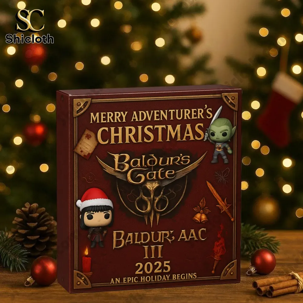 Baldur's Gate 3 Advent Calendar 3 A Baldurs Gate 3 Advent Calendar 2025 box displayed on a wooden table with a Christmas tree in the background!