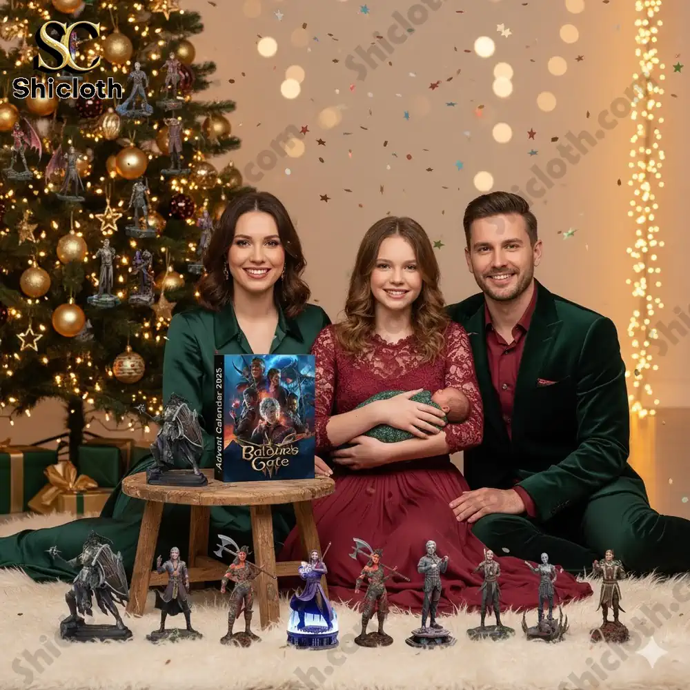 A family poses beside a Christmas tree with the Baldurs Gate 2025 Advent Calendar and collectible figures.