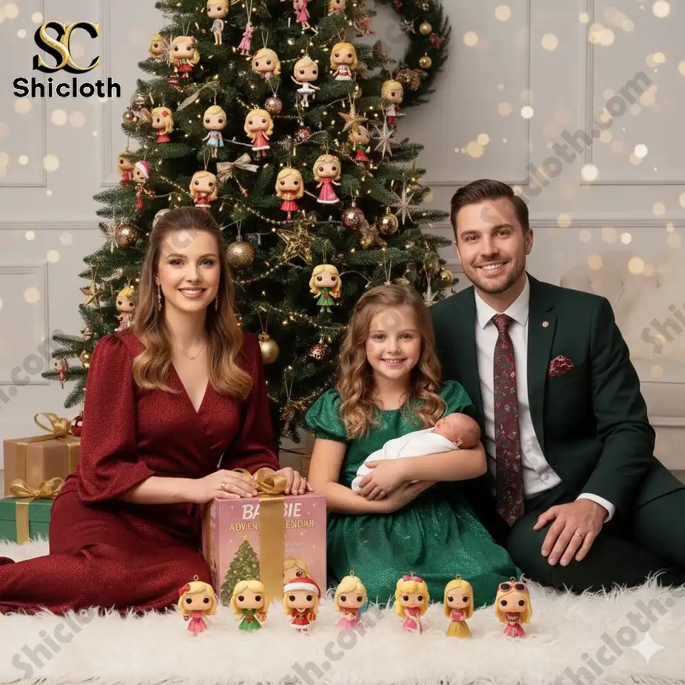 A family poses beside a Christmas tree with the Barbie 2025 Advent Calendar and collectible dolls.