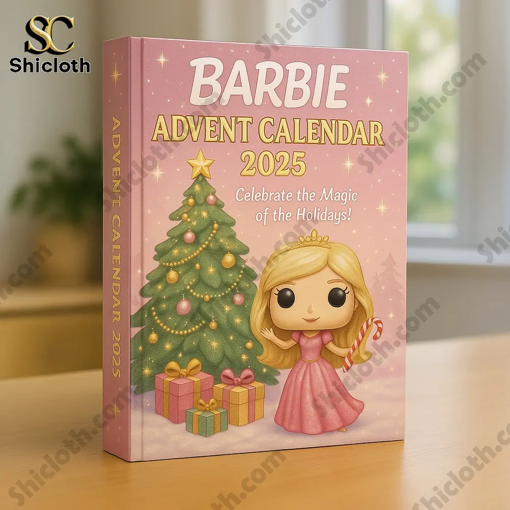 Close-up of the Barbie 2025 Advent Calendar box featuring a festive pink design with a Christmas tree.