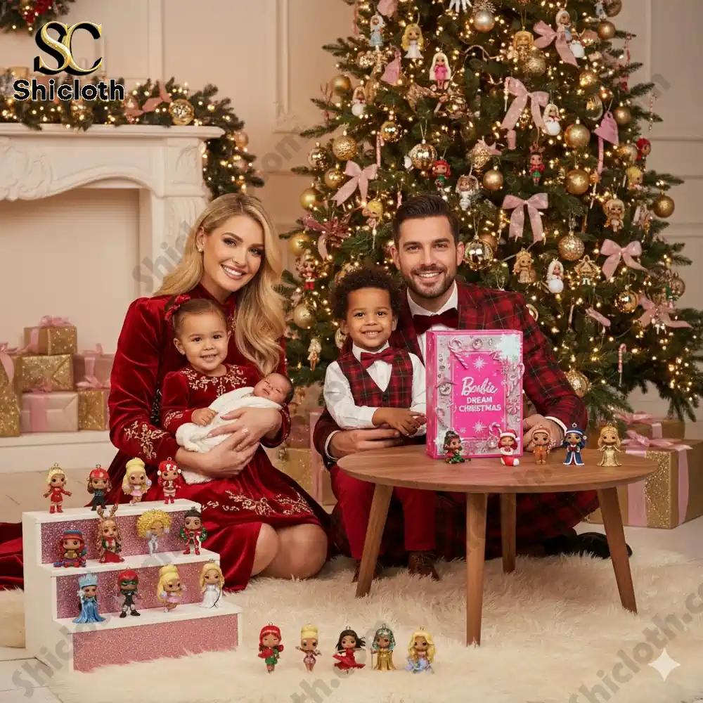 A family celebrates Christmas with the Shicloth Barbie Dream Christmas advent calendar and collectible figures by the tree.