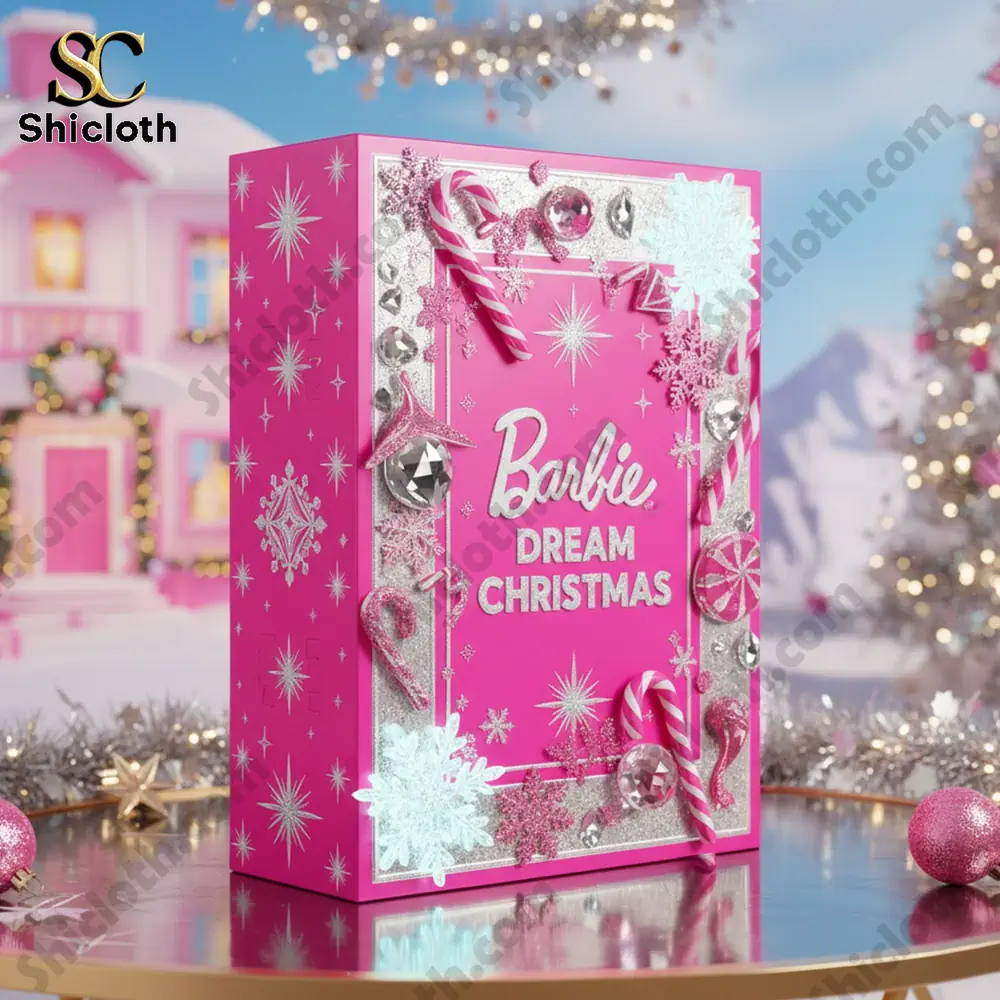 Close up of the Shicloth Barbie Dream Christmas advent calendar box in bright pink with festive decorations.