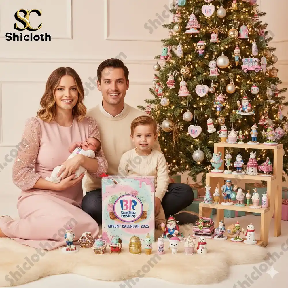 A smiling family with two children sitting beside a Christmas tree decorated with Baskin Robbins themed figures and the Baskin Robbins Advent Calendar 2025 box!