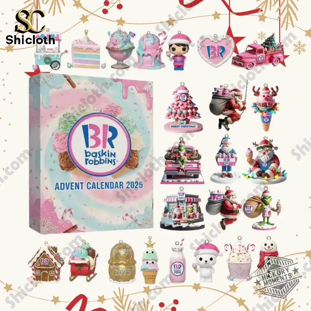 A display of colorful Baskin Robbins mini figures and ornaments from the 2025 Advent Calendar by Shicloth arranged around the main box!