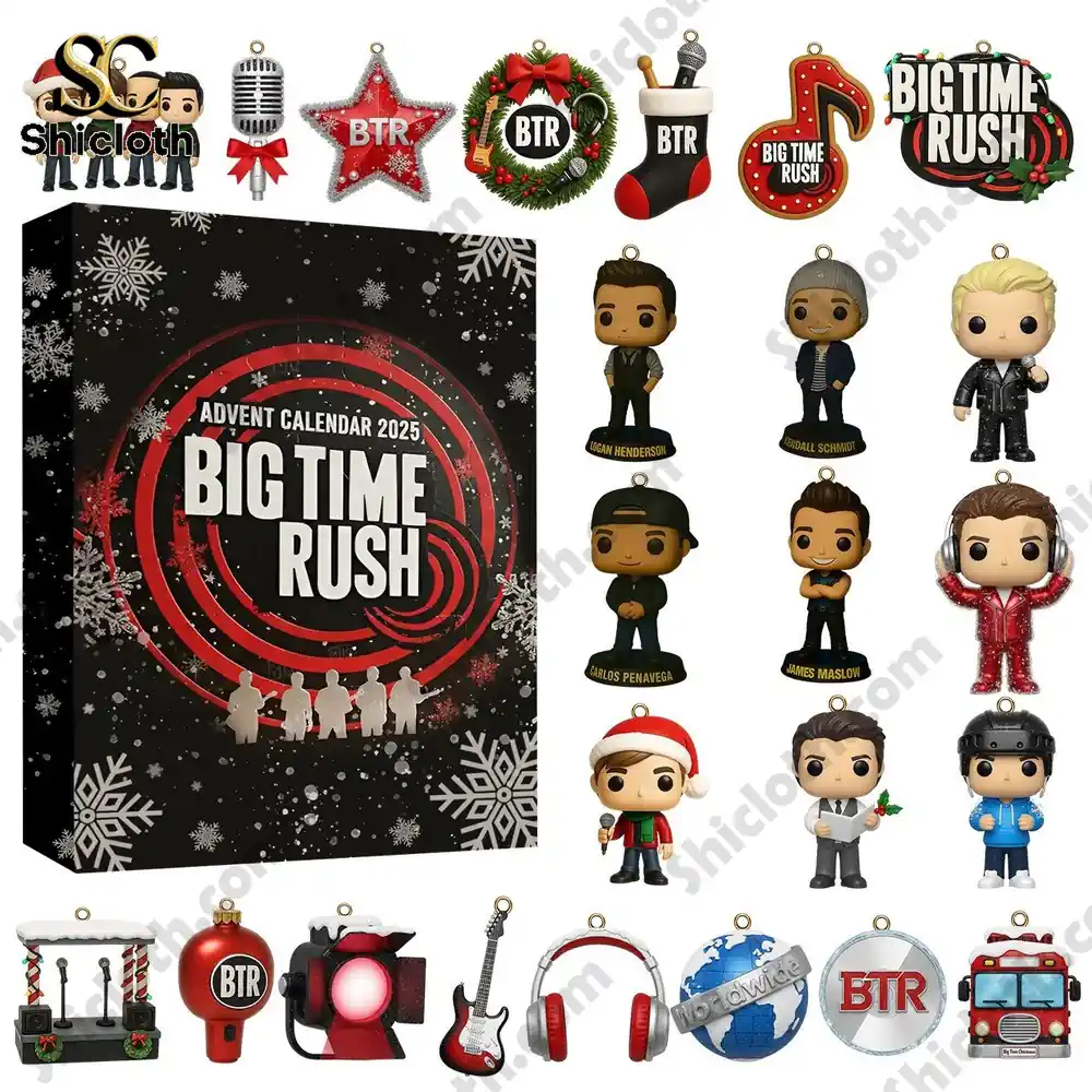 Big Time Rush 2025 advent calendar box with figures and ornaments displayed.