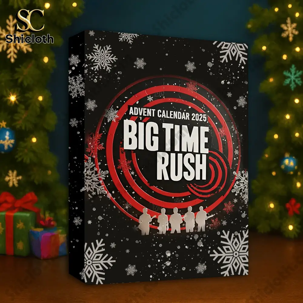 Big Time Rush Advent Calendar 2025 3 Big Time Rush 2025 advent calendar box displayed near a Christmas tree.